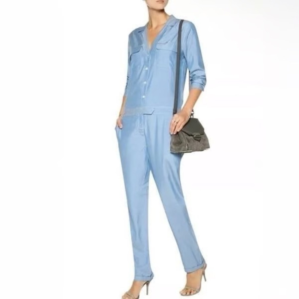 $495 Equipment Femme Blaise Utility style 100% silk Light Blue Jumpsuit Sz Lg